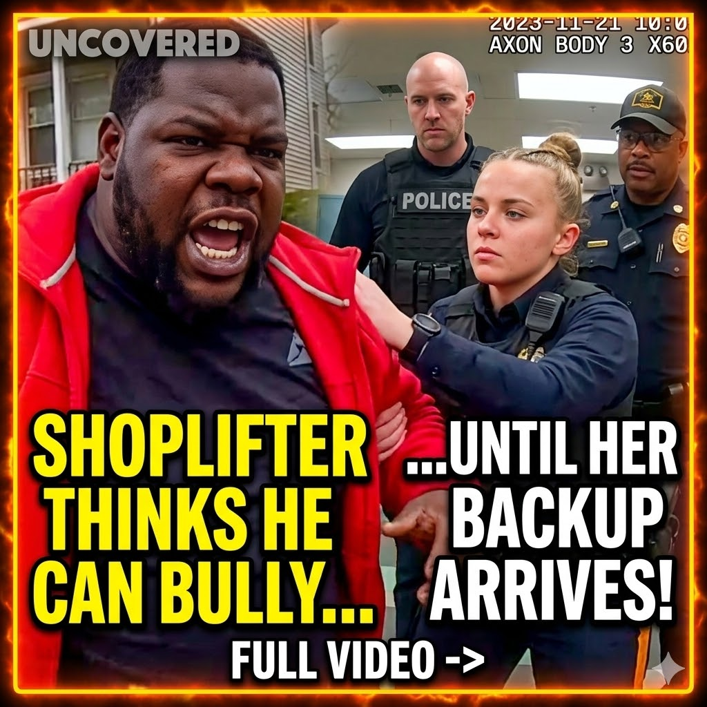 Shoplifter Thinks He Can Bully Young Female Cop, Until Her Backup Arrives