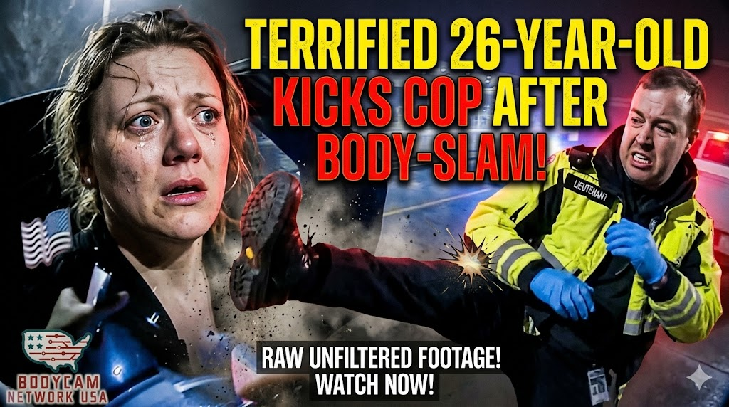 Terrified 26 Year Old Kicks Cop After Being Body-Slammed